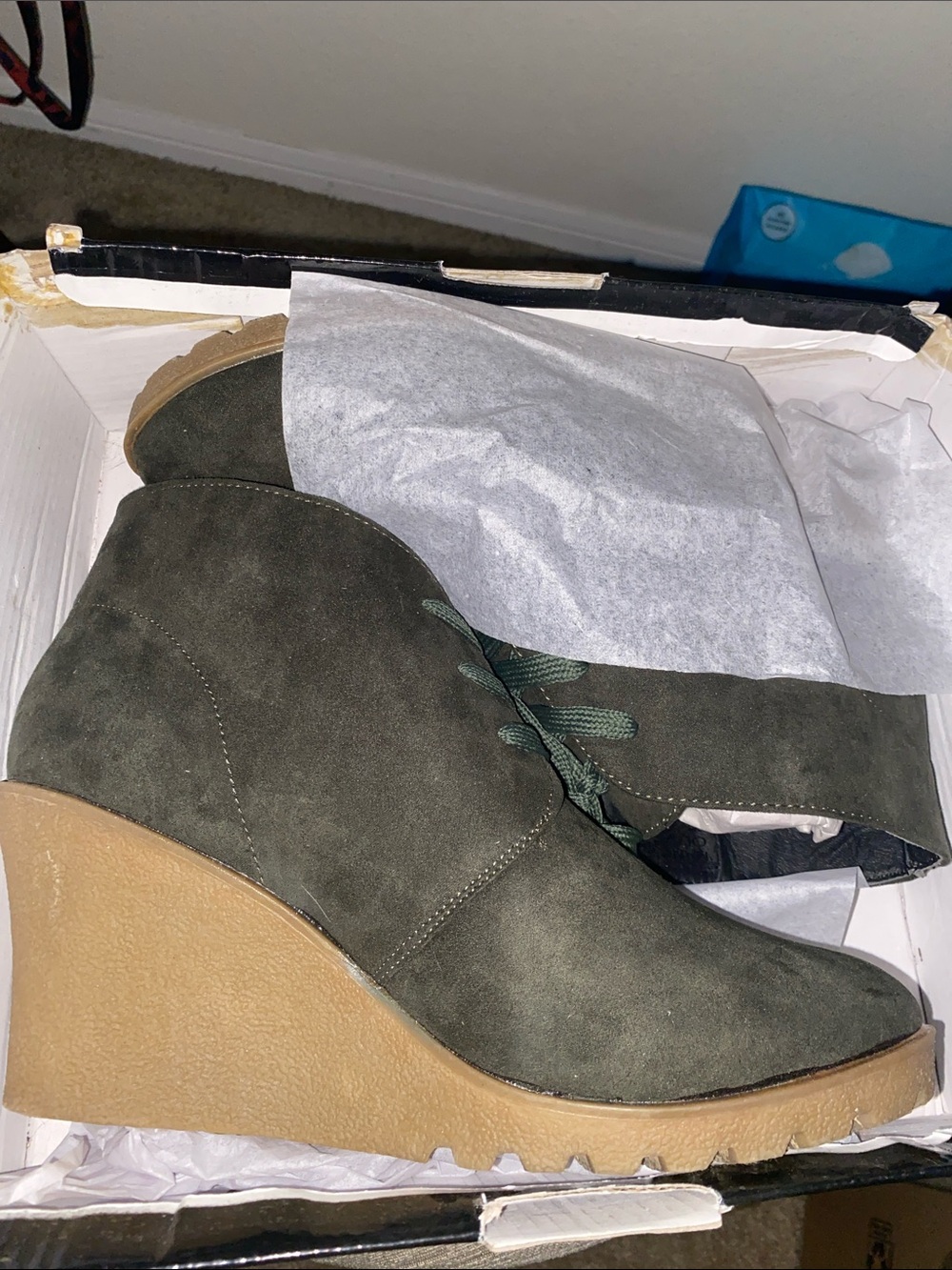Sociology Olive Suede Lace-Up Wedge Booties with Tan Sole